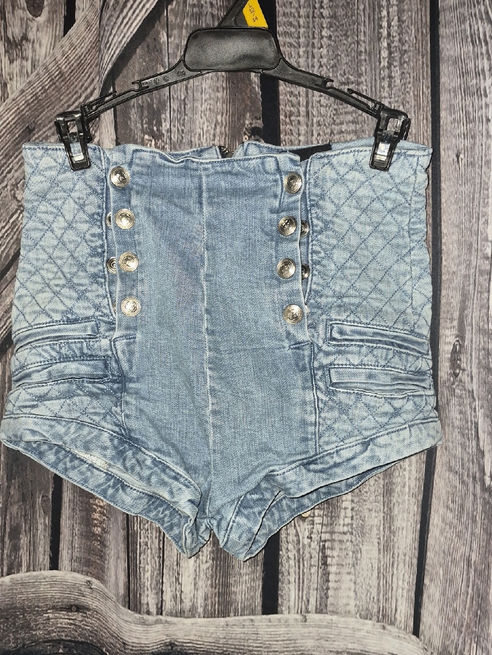 High-Waist Quilted Light Blue Denim Shorts with Button Detail